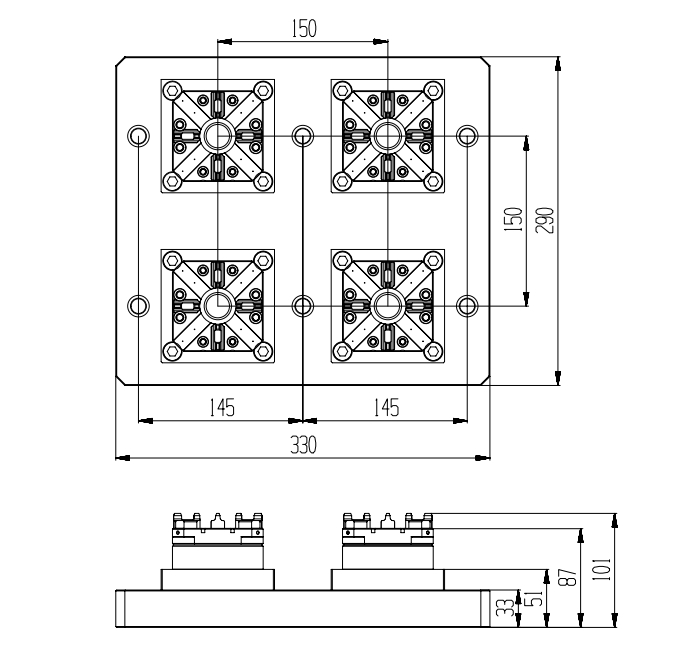 Portabrocas de acción rápida de 4 pliegues automático con placa base 330x290 ER-012299